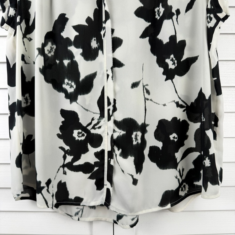Daniel Rainn Blouse XXL White Black Floral Pleated Cap Sleeve Split Neck - Picture 6 of 16